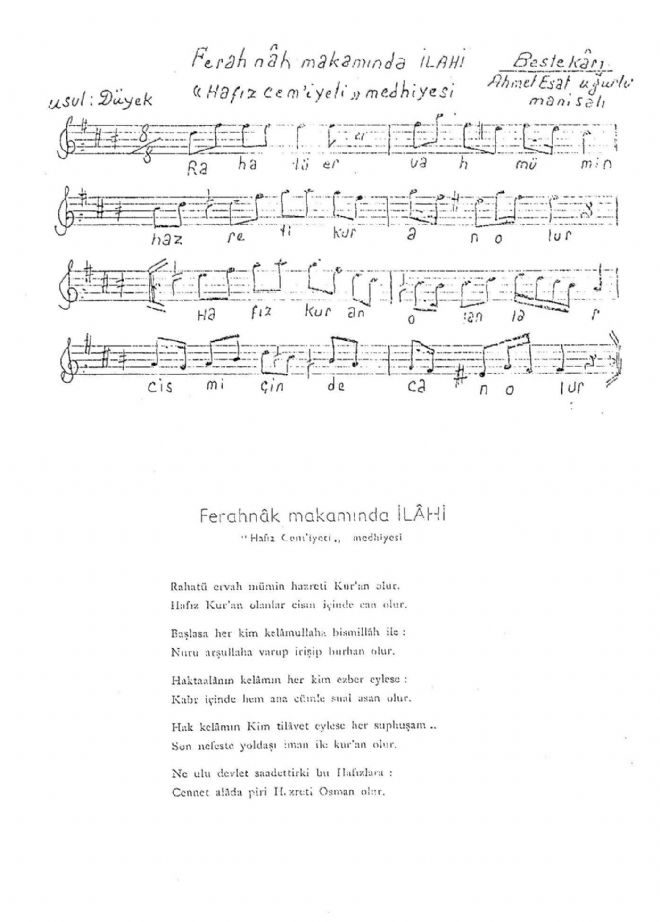 Manisann Musiki Hocas - Ahmet Esat Uurlu (orap Ahmet Efendi veya Hfz Ahmet Efendi)... Asl ad Ahmet Esat Uurlu olan, nam- dier orapc Ahmet Efendi veya Hfz Ahmet Efendi; Manisa tarihindeki musiki stadlarnn son halkas, Manisa Mfts lim Efendinin talebesi ve bilhare Manisann msk otoritesi, hatta Bekir Stk Sezgin stdn da ilk hocasdr.